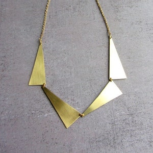 Statement Geometric triangle gold brass long necklace. Gold plated chain. image 1