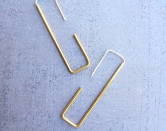 Rectangle gold brass hoop simple modern long wire earrings, Rectangle earrings, Square earrings, Modern earrings, Geometric, gift for women