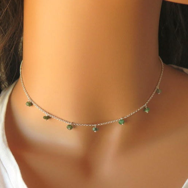 Emerald necklace may birthstone, Tiny sterling silver choker, May gemstone, Genuine raw emerald, Taurus jewelry, Zodiac jewelry gift