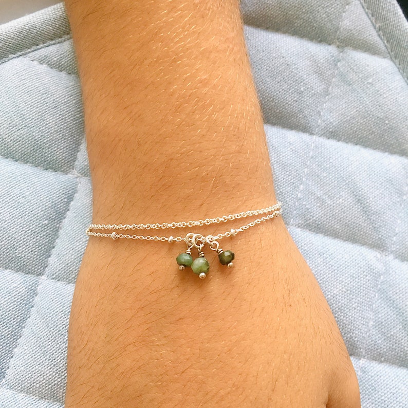 Dainty emerald bracelet or Anklet, 925 sterling silver, Gift for women, Double chain bracelet adjustable, Emerald birthstone, Birthday gift image 7