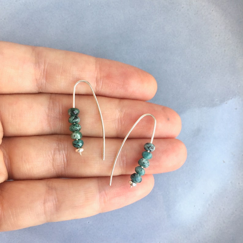 Beaded quartz threader arc earrings, Sterling silver earrings with green quartz gemstones, Open hoop earrings, Wishbone earring gift for her image 7