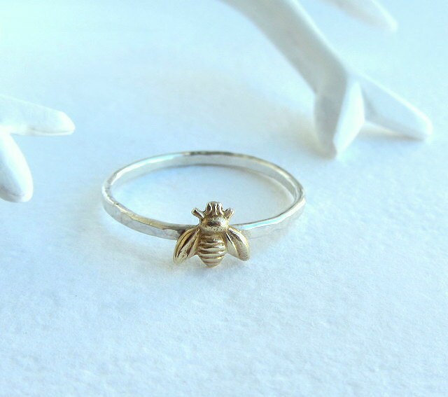 Simple tiny sterling silver bee ring, silver and gold brass stacking ring, hammered band ring, gift for women