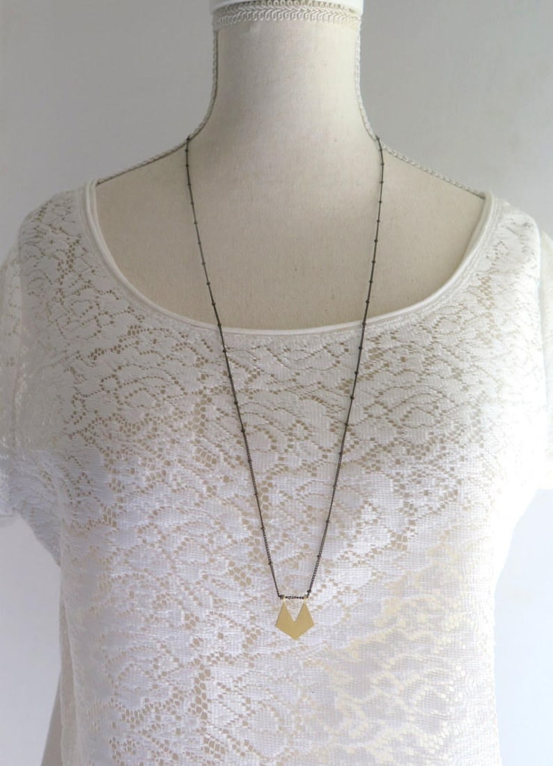 Long chain gold necklace vintage inspired with a pentagon handmade brass charm, gift ideas for women image 10