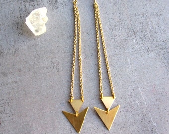 Triangle dangle gold brass long earrings, geometric jewelry, arrow, chevron, gift ideas for her
