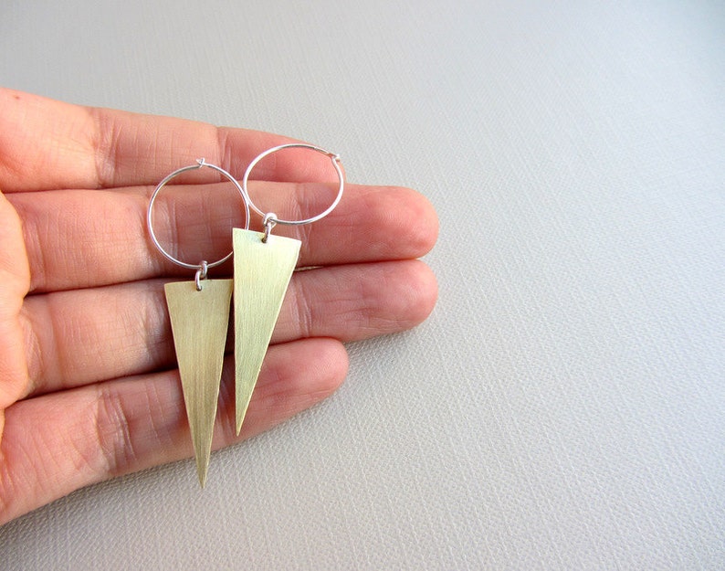 Triangle hoop earrings, silver and gold brass, sterling silver hoops, triangle hoops, triangle earrings, spike earrings, geometric earrings image 4