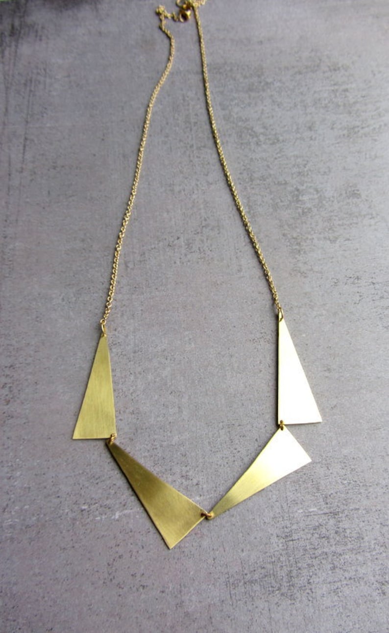 Statement Geometric triangle gold brass long necklace. Gold plated chain. image 1