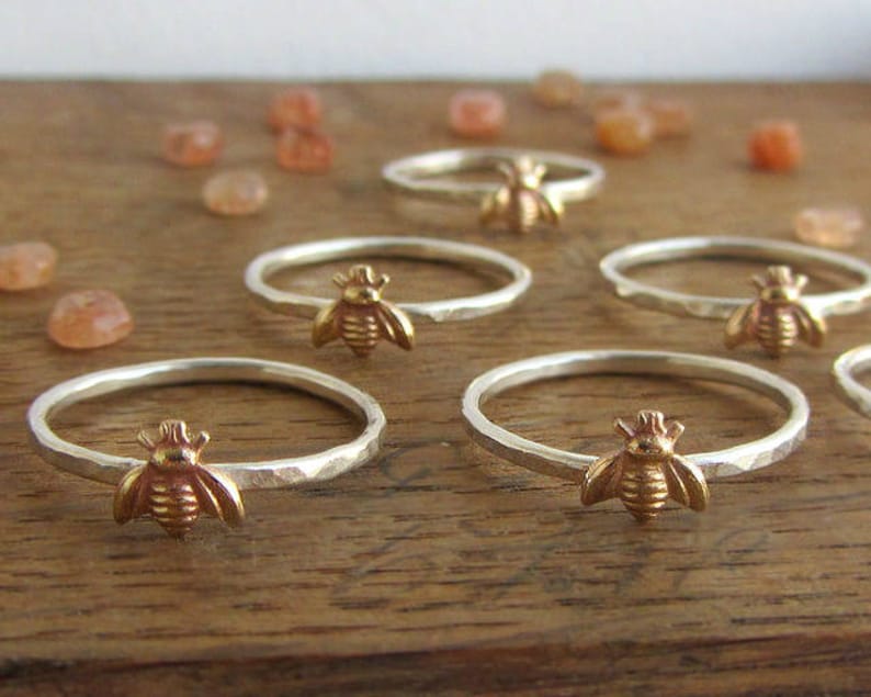 Simple tiny sterling silver bee ring, silver and gold brass stacking ring, hammered band ring, gift for women image 4