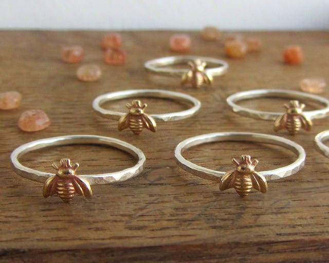 Simple tiny sterling silver bee ring, silver and gold brass stacking ring, hammered band ring, gift for women