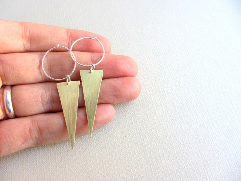 Triangle hoop earrings, silver and gold brass, sterling silver hoops, triangle hoops, triangle earrings, spike earrings, geometric earrings image 2