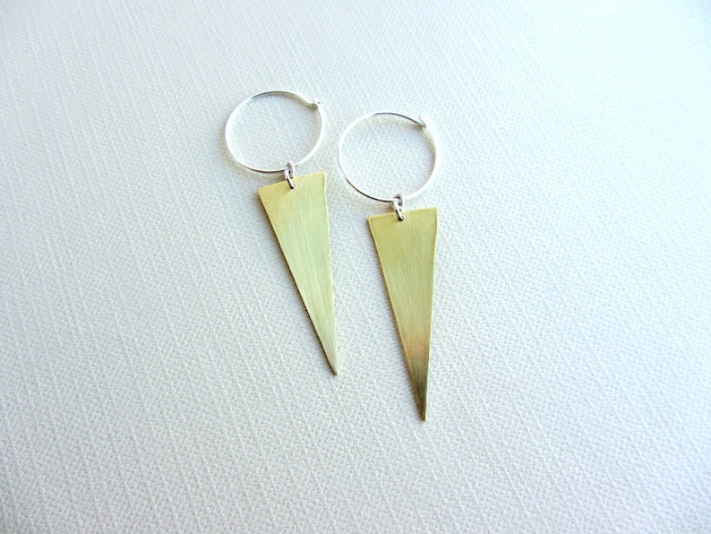 Triangle hoop earrings, silver and gold brass, sterling silver hoops, triangle hoops, triangle earrings, spike earrings, geometric earrings image 3