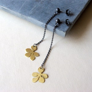 Oxidized Sterling silver and brass flower long dangle earrings image 1