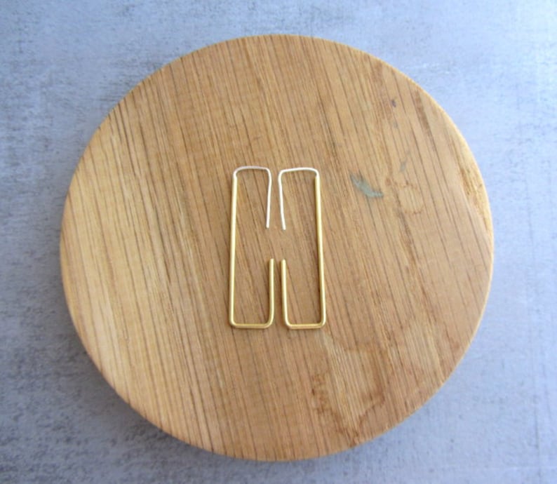 Rectangle gold brass hoop simple modern long wire earrings, Rectangle earrings, Square earrings, Modern earrings, Geometric, gift for women imagem 2