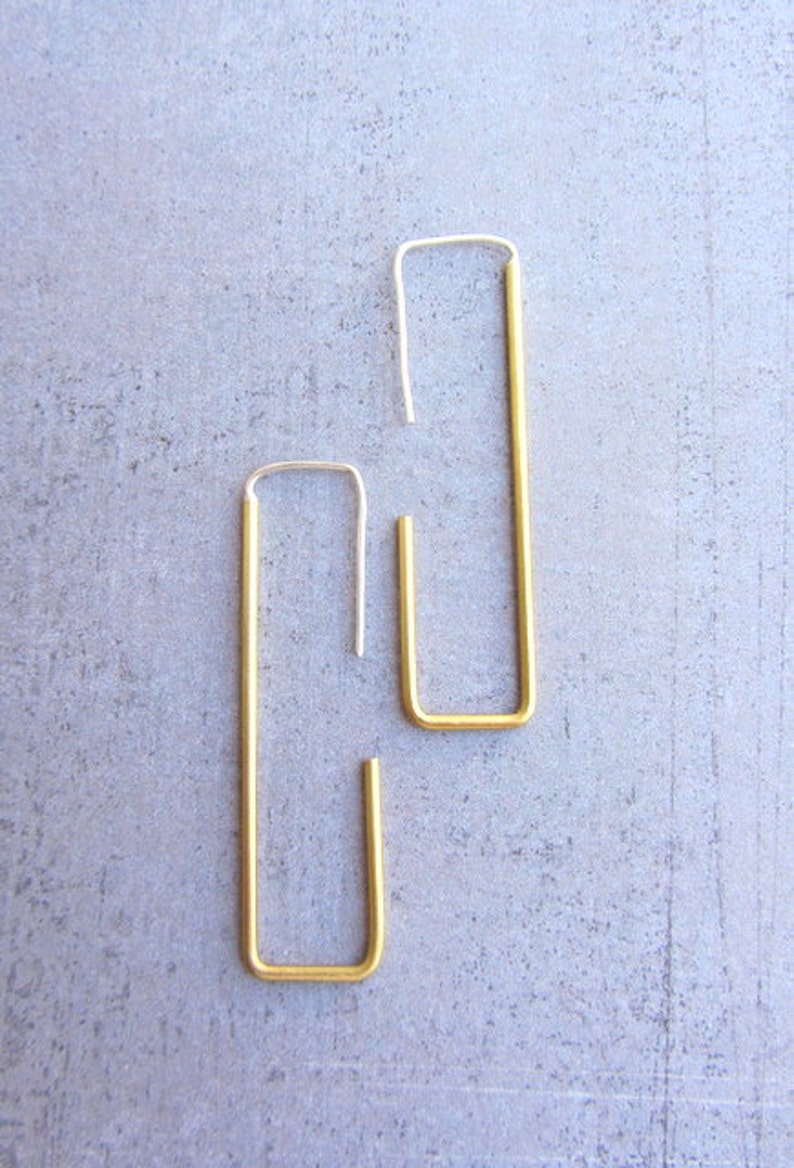 Rectangle gold brass hoop simple modern long wire earrings, Rectangle earrings, Square earrings, Modern earrings, Geometric, gift for women imagem 4