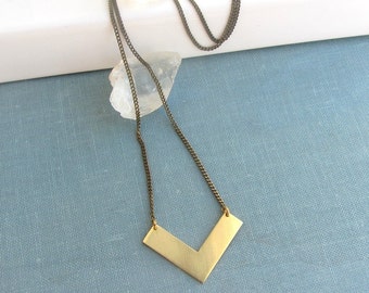 Gold raw brass chevron arrow long necklace, geometric jewelry, minimalist jewelry, gifts for her