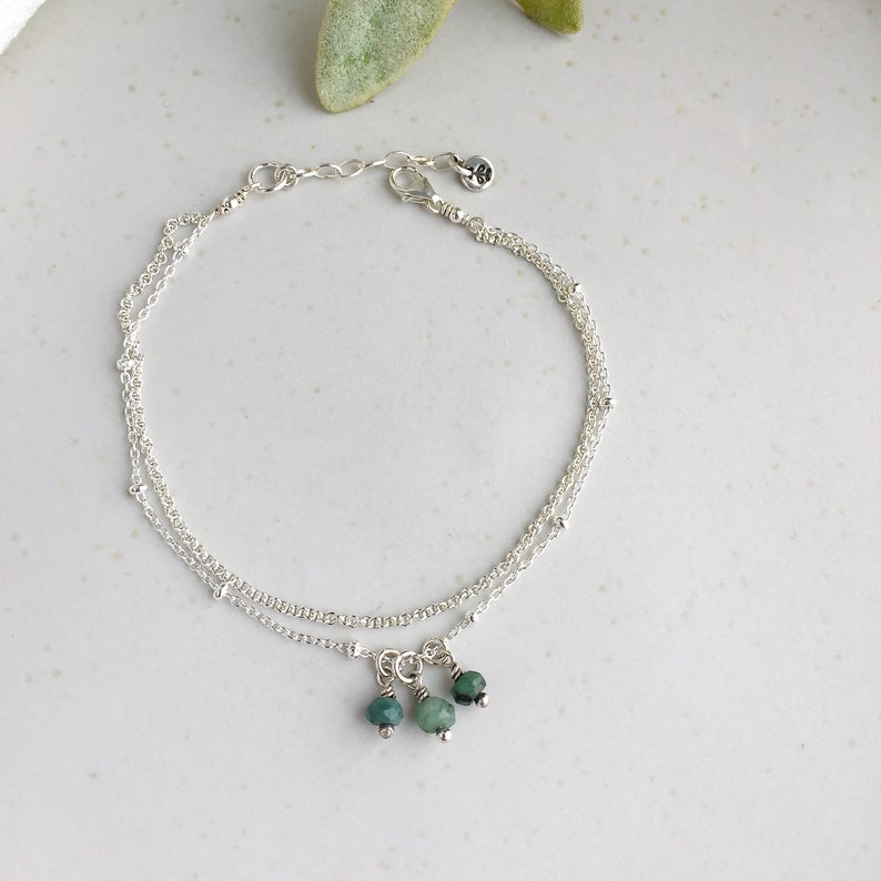 Dainty emerald bracelet or Anklet, 925 sterling silver, Gift for women, Double chain bracelet adjustable, Emerald birthstone, Birthday gift image 4