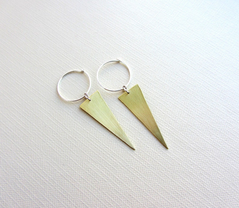 Triangle hoop earrings, silver and gold brass, sterling silver hoops, triangle hoops, triangle earrings, spike earrings, geometric earrings image 1