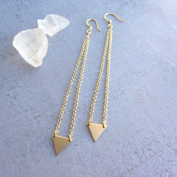 Minimalist dangle gold triangle long earrings, geometric jewelry, simple modern jewelry