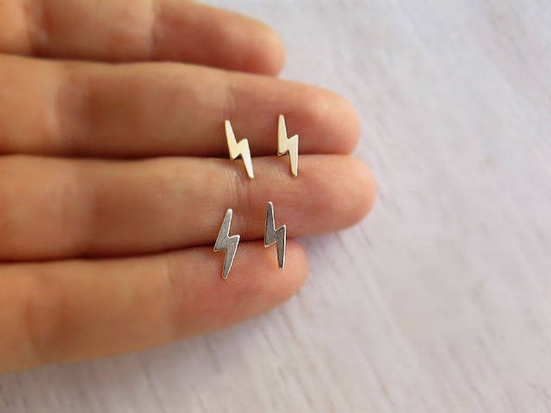 Lightning bolt earrings studstiny gold stud earringssmall Etsy