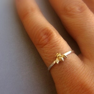 Simple tiny sterling silver bee ring, silver and gold brass stacking ring, hammered band ring, gift for women image 3