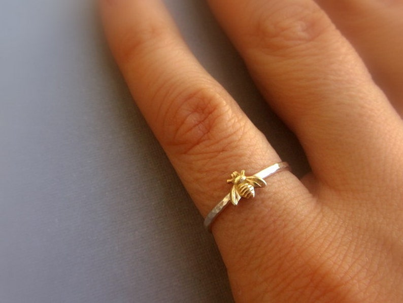 Simple tiny sterling silver bee ring, silver and gold brass stacking ring, hammered band ring, gift for women image 3