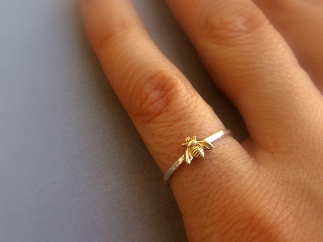 Simple tiny sterling silver bee ring, silver and gold brass stacking ring, hammered band ring, gift for women
