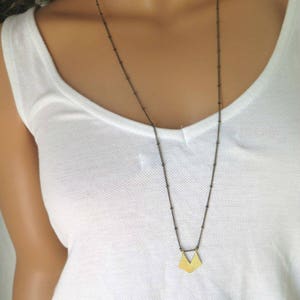 Long chain gold necklace vintage inspired with a pentagon handmade brass charm, gift ideas for women image 8