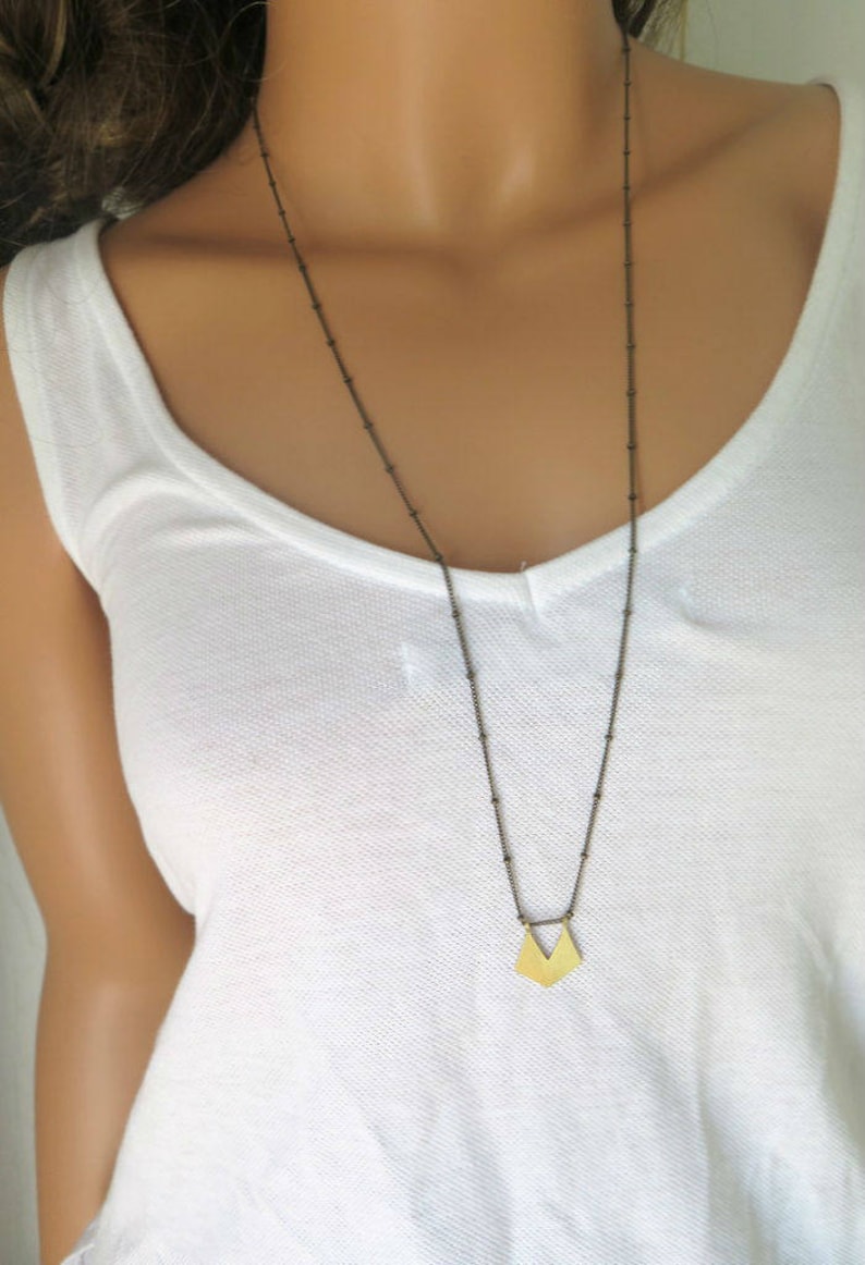 Long chain gold necklace vintage inspired with a pentagon handmade brass charm, gift ideas for women image 8