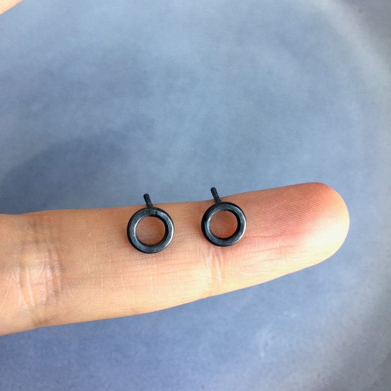 Circle Mens stud earrings, Black sterling silver, Male earrings, Unisex, Emo, Mens earrings, Gift for men, Gift for him image 3