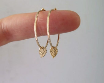 Thin gold hoops, Tiny gold leaf earrings in 14k gold filled or sterling silver, Tiny hoops, Tiny leaf, Gift for mom, mom gift