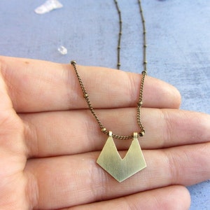 Long chain gold necklace vintage inspired with a pentagon handmade brass charm, gift ideas for women image 2