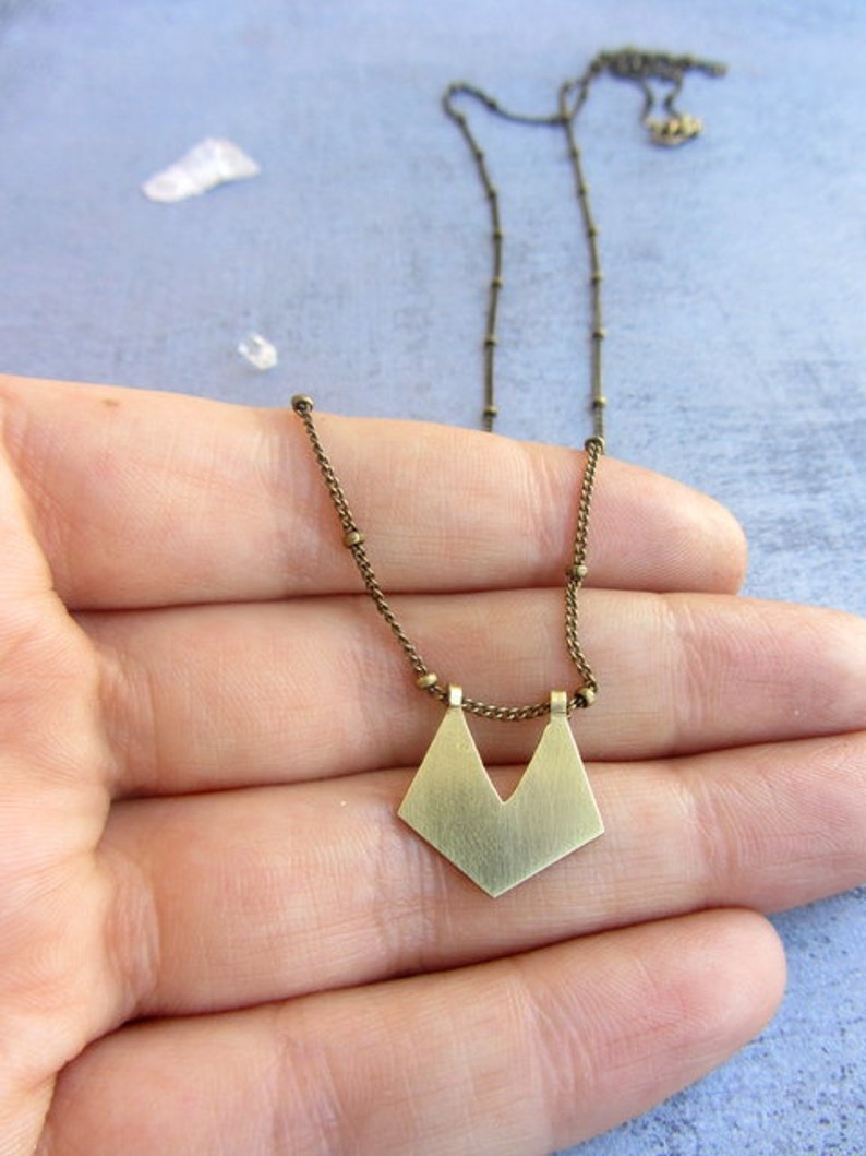 Long chain gold necklace vintage inspired with a pentagon handmade brass charm, gift ideas for women image 2