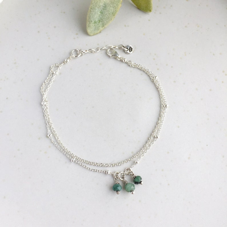 Dainty emerald bracelet or Anklet, 925 sterling silver, Gift for women, Double chain bracelet adjustable, Emerald birthstone, Birthday gift image 1