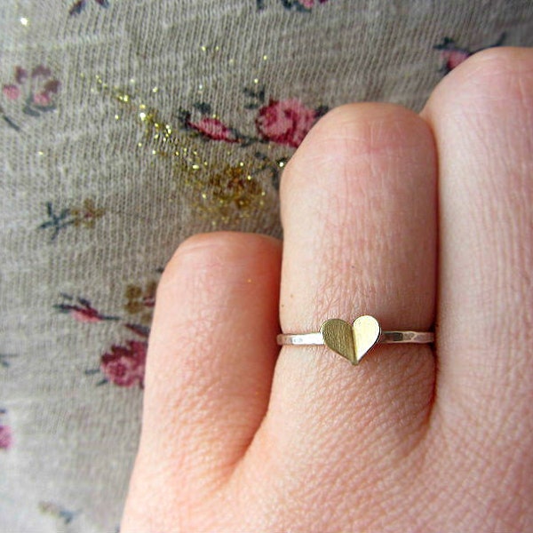 Tiny sterling silver heart ring, silver and gold brass stacking ring, hammered band ring, Valentines day gift for her