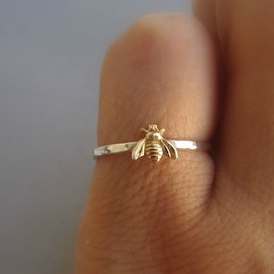 Simple tiny sterling silver bee ring, silver and gold brass stacking ring, hammered band ring, gift for women image 1