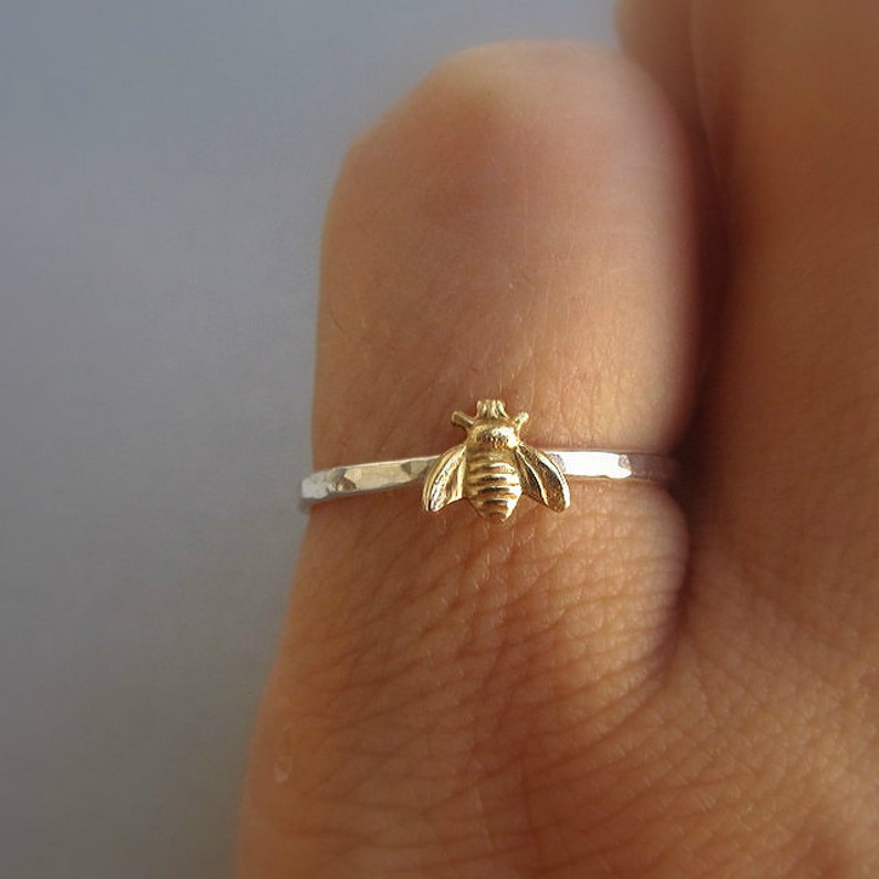 Simple tiny sterling silver bee ring, silver and gold brass stacking ring, hammered band ring, gift for women 