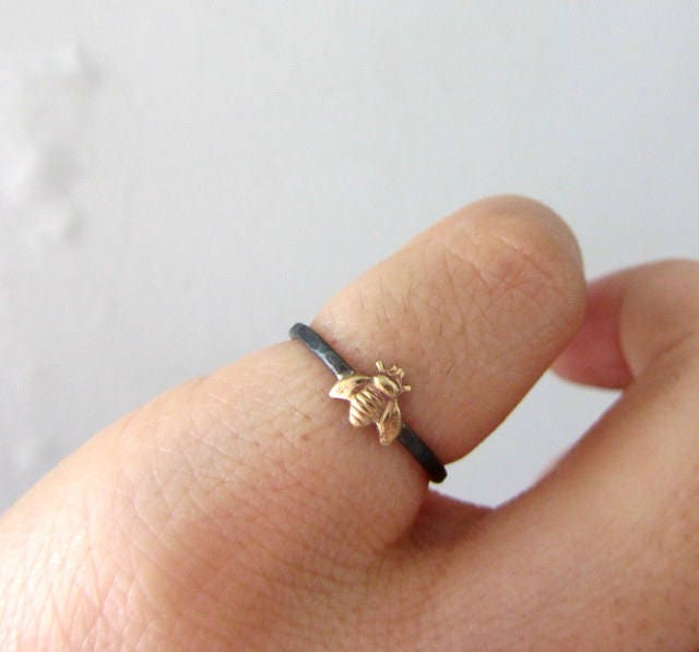 Simple tiny sterling silver bee ring, silver and gold brass stacking ring, hammered band ring, gift for women