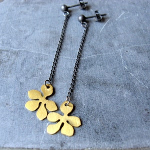 Oxidized Sterling silver and brass flower long dangle earrings image 3