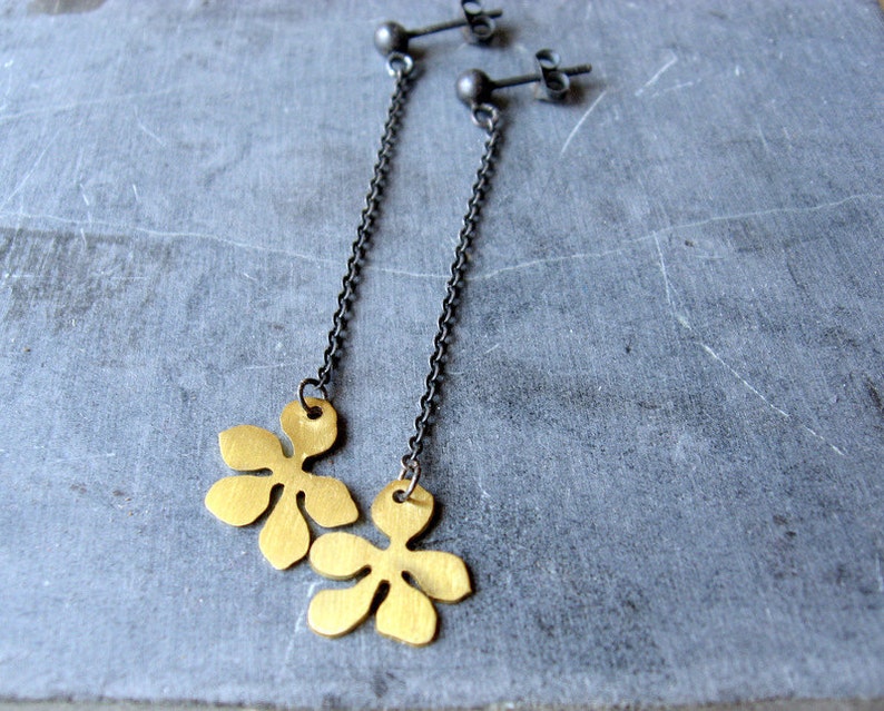 Oxidized Sterling silver and brass flower long dangle earrings image 3