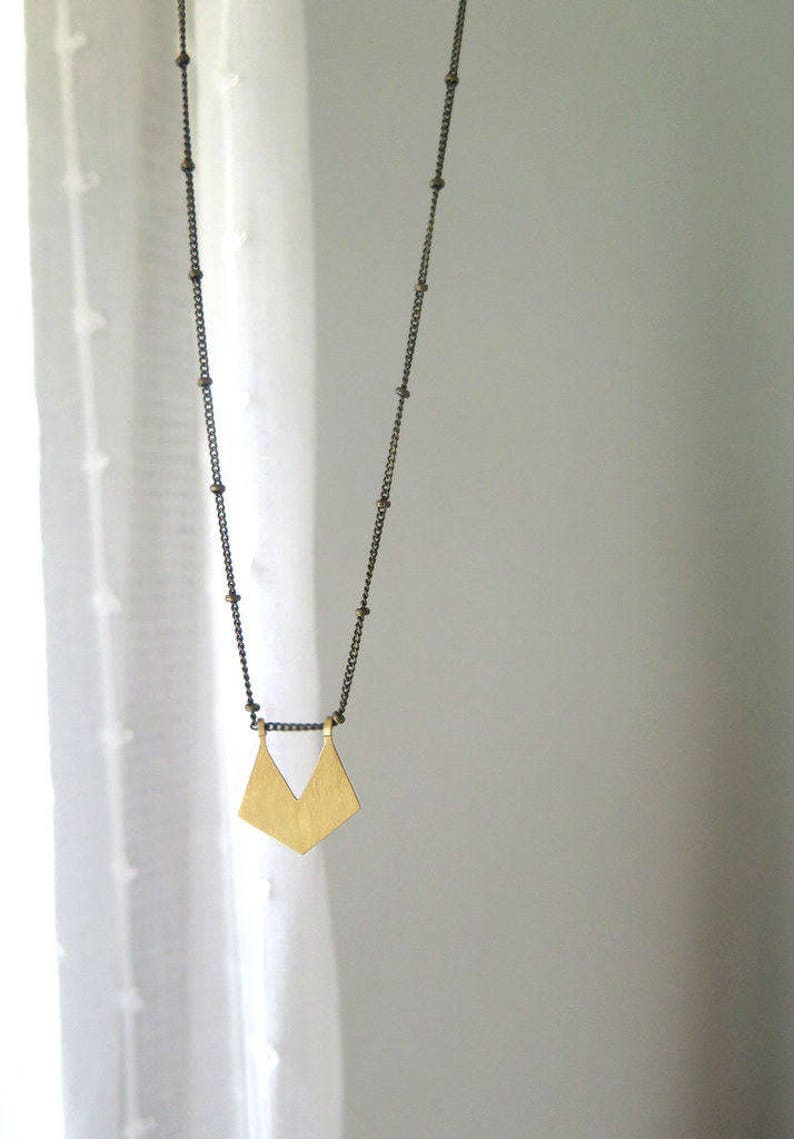 Long chain gold necklace vintage inspired with a pentagon handmade brass charm, gift ideas for women image 9