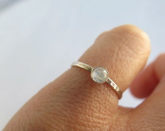 Tiny rainbow moonstone ring, small june birthstone ring, sterling silver stackable birthstone ring, Valentines gift for her