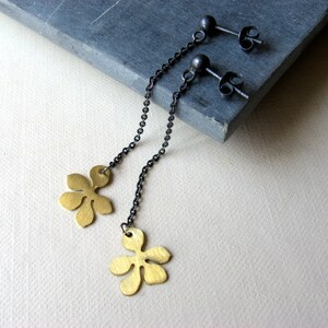 Oxidized Sterling silver and brass flower long dangle earrings image 2