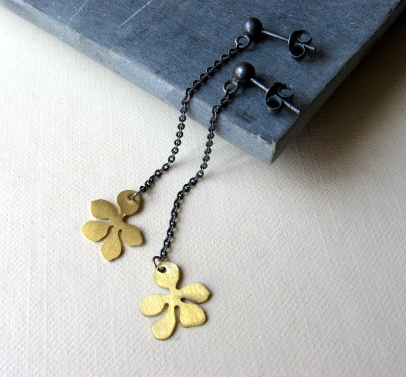 Oxidized Sterling silver and brass flower long dangle earrings image 2