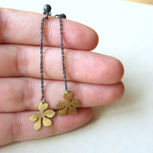 Oxidized Sterling silver and brass flower long dangle earrings image 4