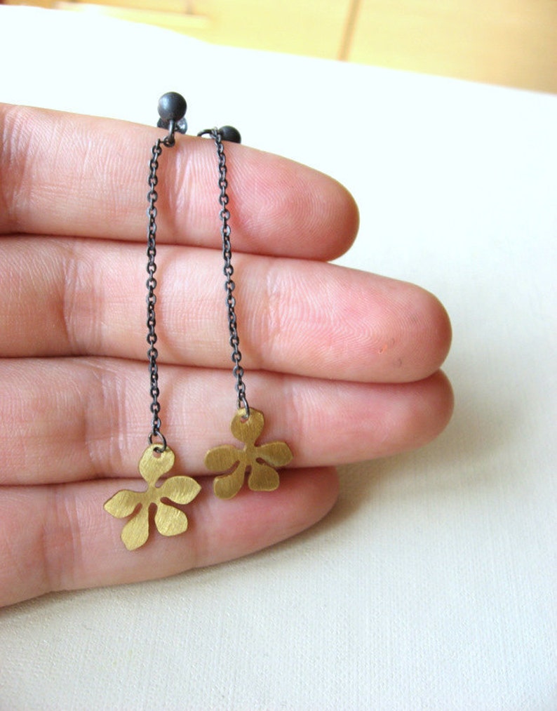 Oxidized Sterling silver and brass flower long dangle earrings image 4