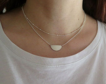 Silver double strand necklace - layered necklace in sterling silver - half circle double chain choker necklace- minimal necklace