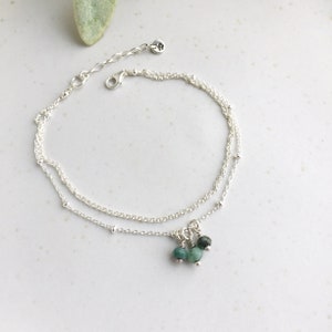 Dainty emerald bracelet or Anklet, 925 sterling silver, Gift for women, Double chain bracelet adjustable, Emerald birthstone, Birthday gift image 2