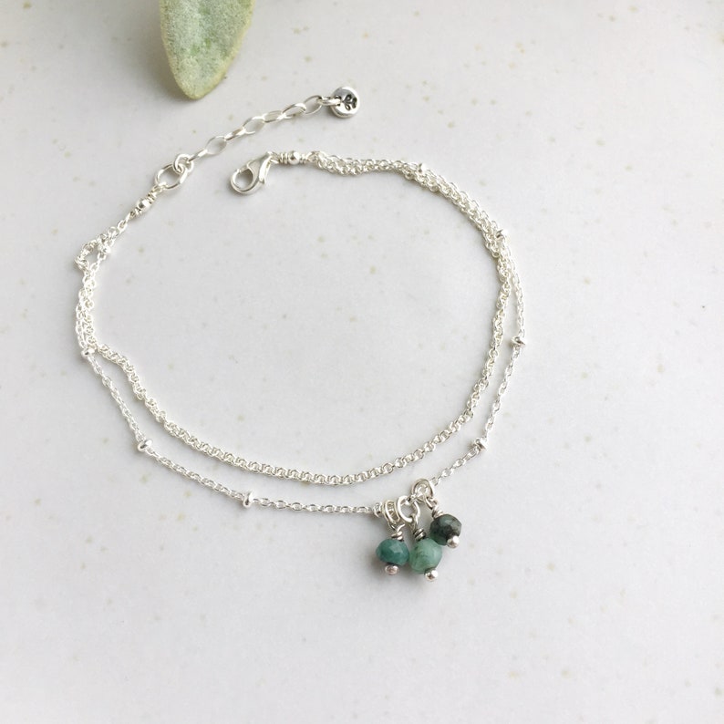 Dainty emerald bracelet or Anklet, 925 sterling silver, Gift for women, Double chain bracelet adjustable, Emerald birthstone, Birthday gift image 2