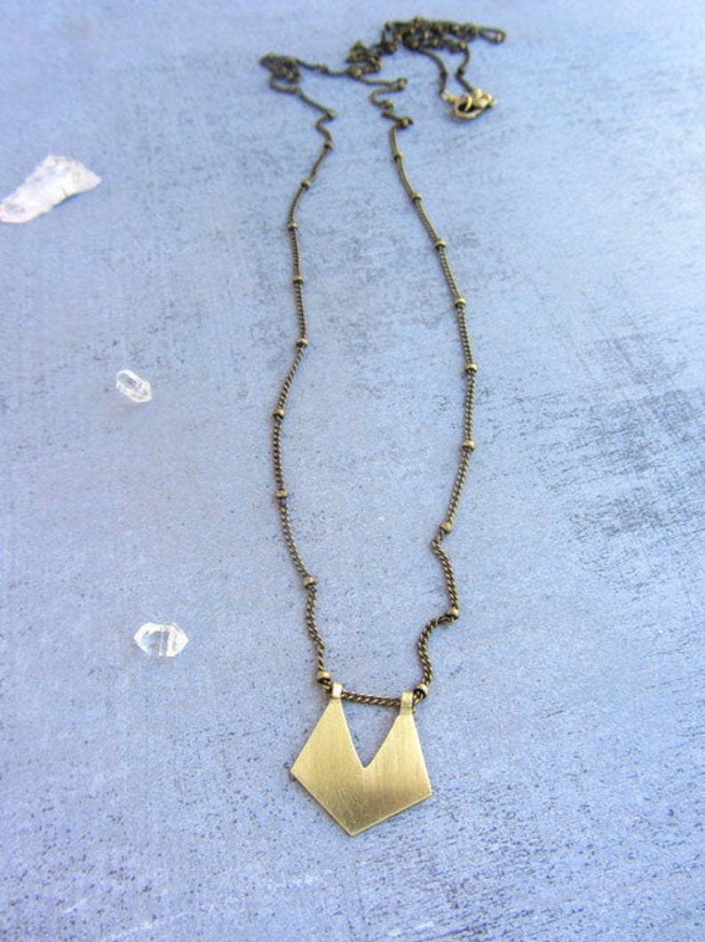 Long chain gold necklace vintage inspired with a pentagon handmade brass charm, gift ideas for women image 1