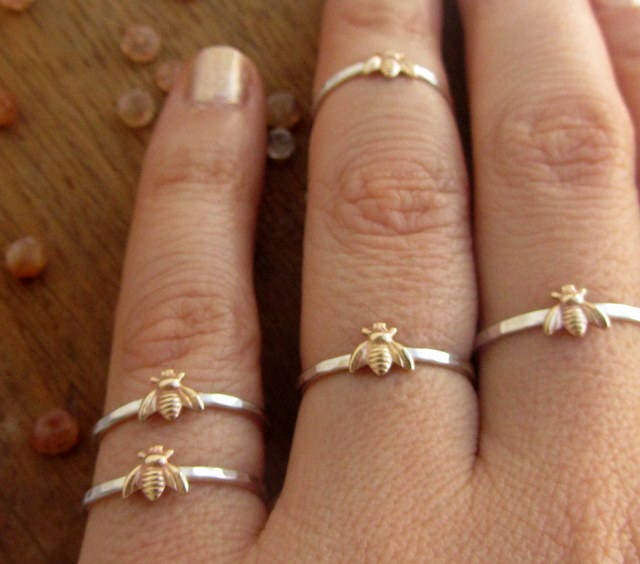 Simple tiny sterling silver bee ring, silver and gold brass stacking ring, hammered band ring, gift for women