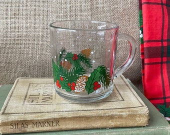 Vintage Christmas Holly and Pinecone Glass Mug | Clear Glass Coffee Mug